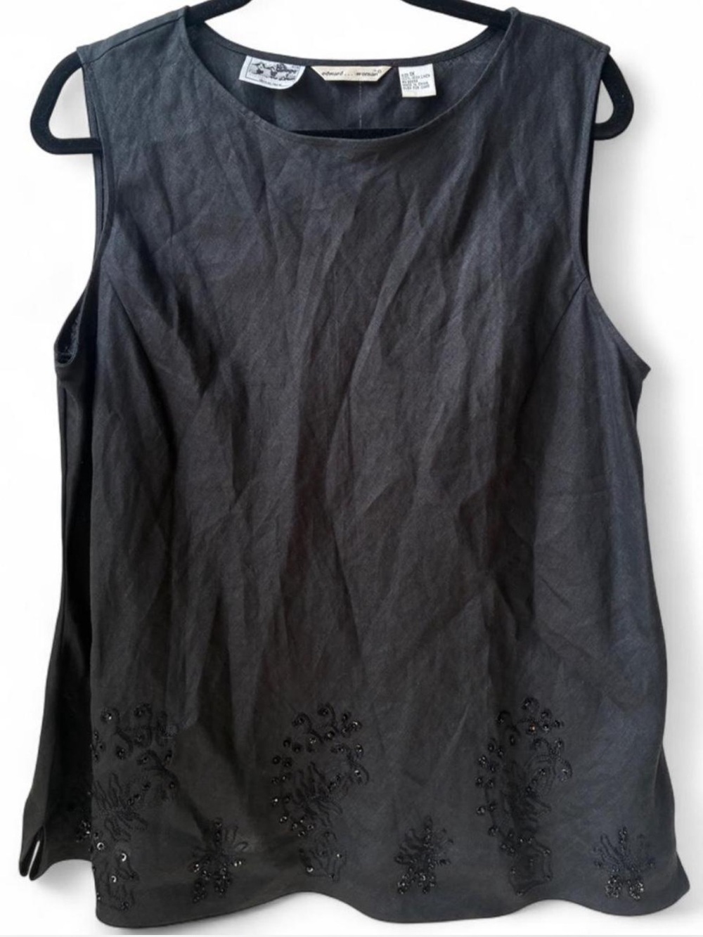 100% Irish Linen sleeveless tank top by Edward…woman beaded embroidery 1X summer